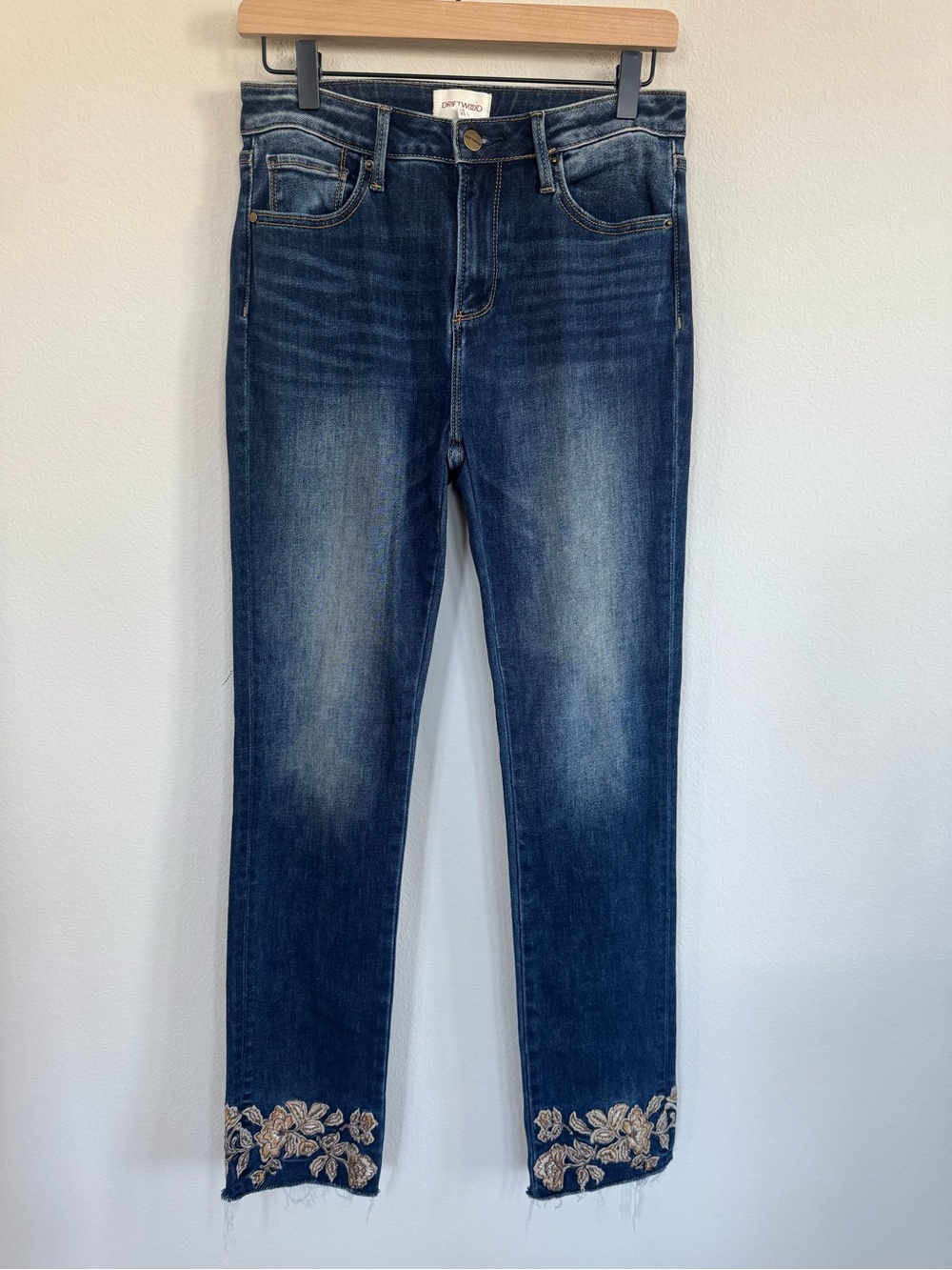 DRIFTWOOD Floral Embroidered Straight Leg Jeans Raw Hem Dark Blue Size 27